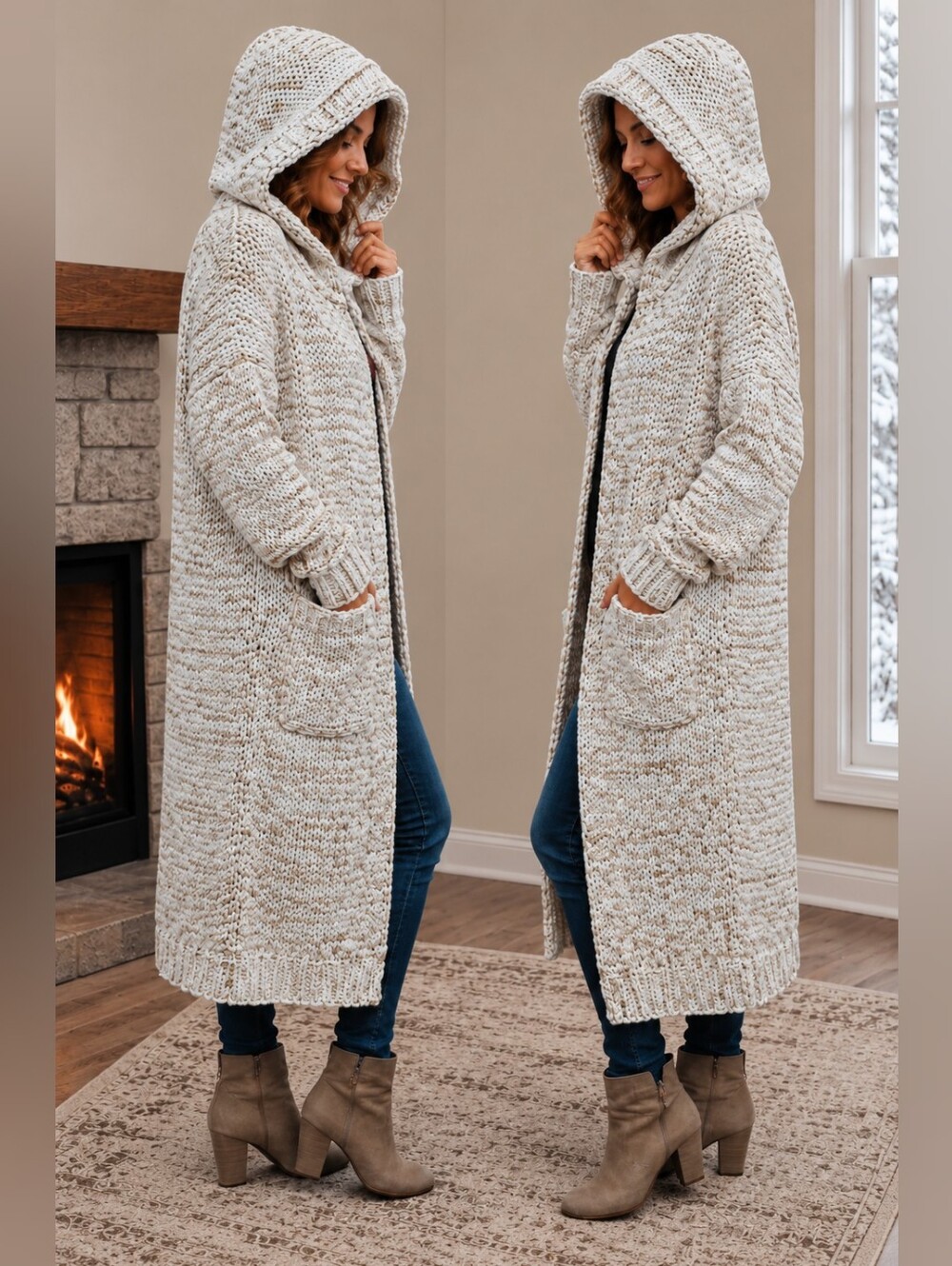 Free People Neutral Chunky Knit Hooded Longline Midi Cardigan Duster Size Small - Picture 3 of 16